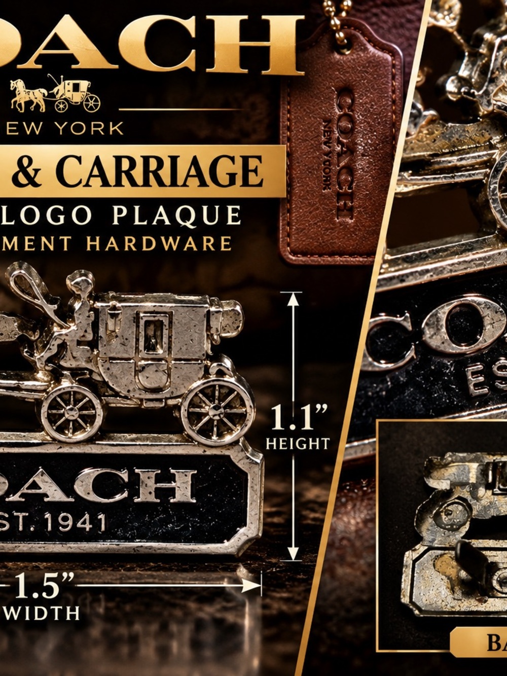 Coach Horse Carriage Logo Metal Emblem Plaque Est 1941 Bag Replacement Hardware